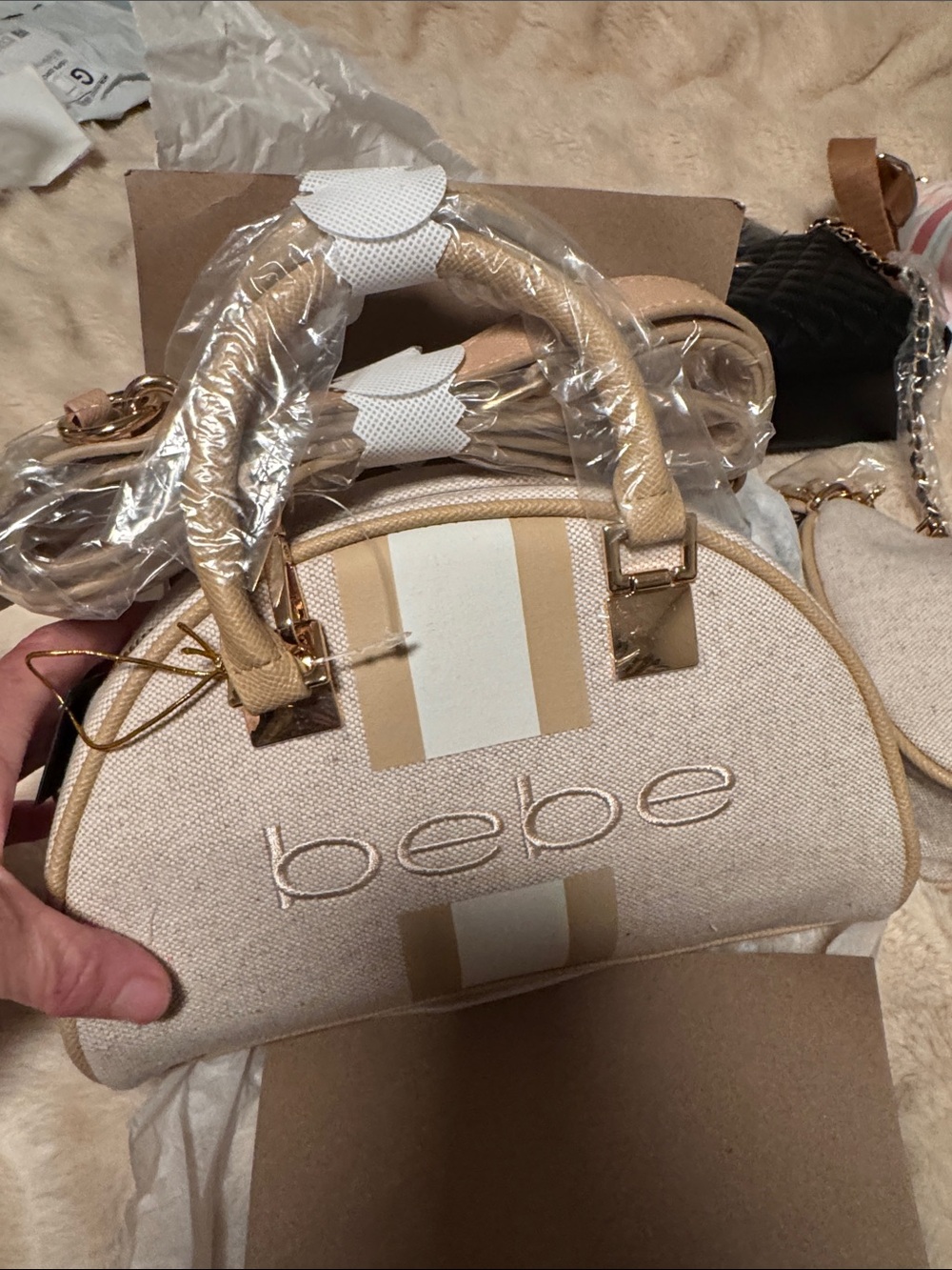 bebe Beige & White Striped Mini Dome Satchel